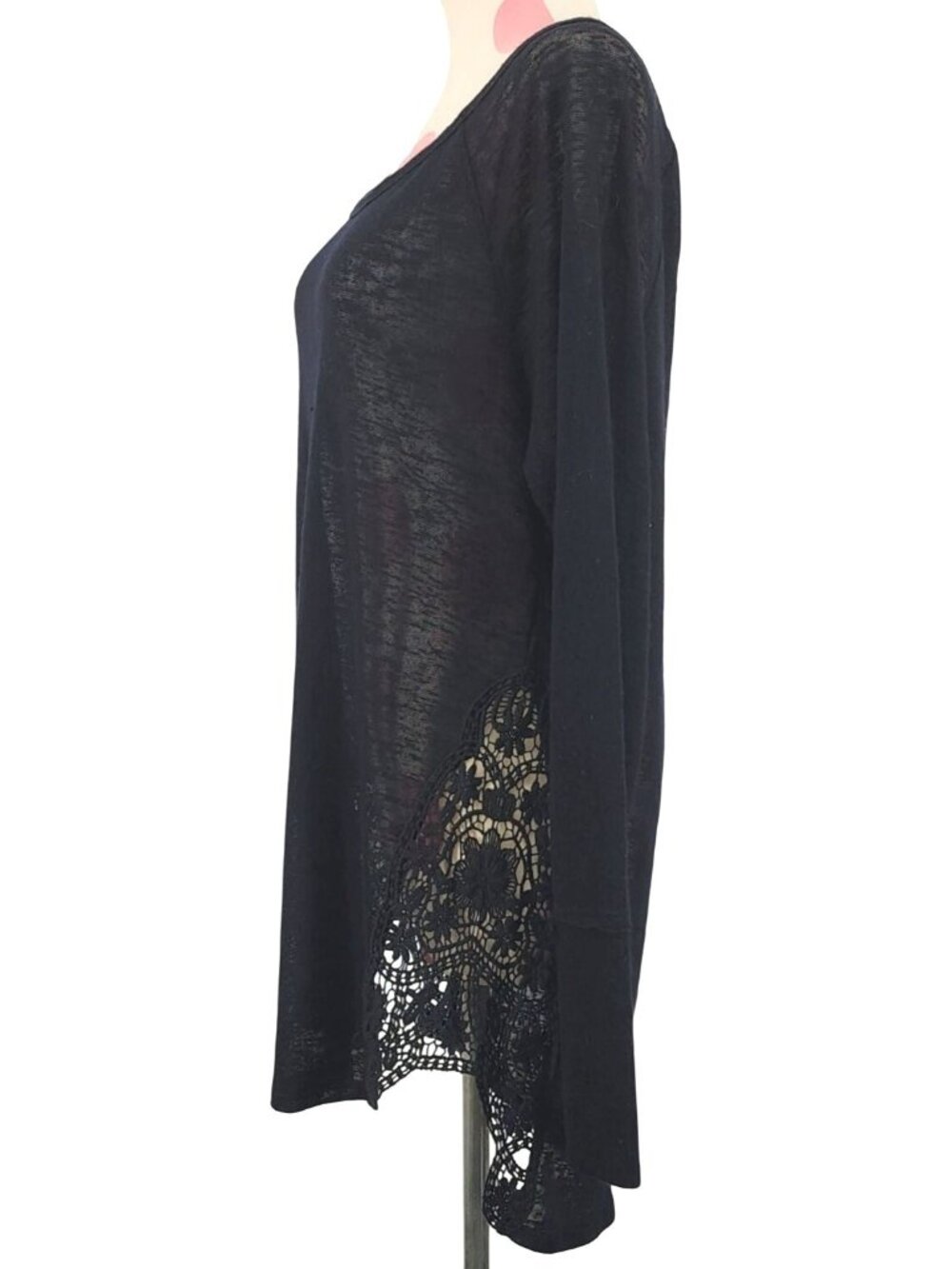 Women's Arizona Black Thin Sheer Sweater Lace Insert Crochet Sides Large